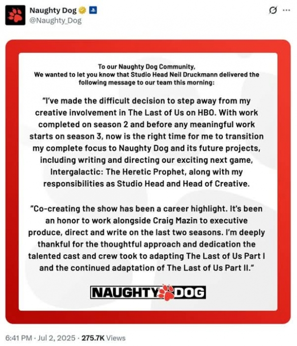 尼尔将不再担任《最后生还者》电视剧制作，重心重新回到新作的创作上。