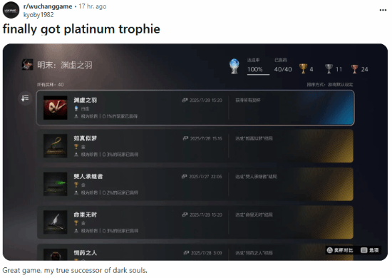 《明末》在PS5平台上的白金奖杯已被40小时速通玩家所获得，达成率达到令人关注的2.88%。   
