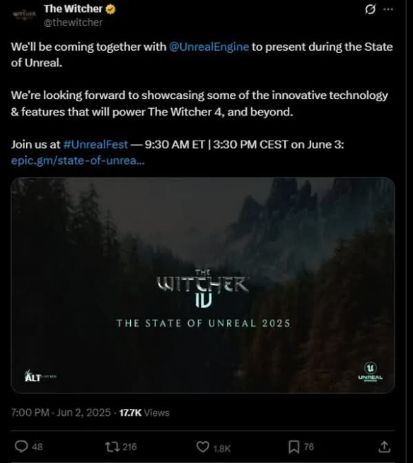 《巫师4》这周亮相于Epic引擎展会，令人期待是否采用虚幻5技术？
