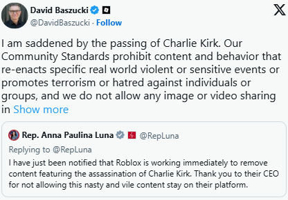 股价迅速下挫！Roblox全面下架涉及查理·柯克遇刺题材的游戏 

