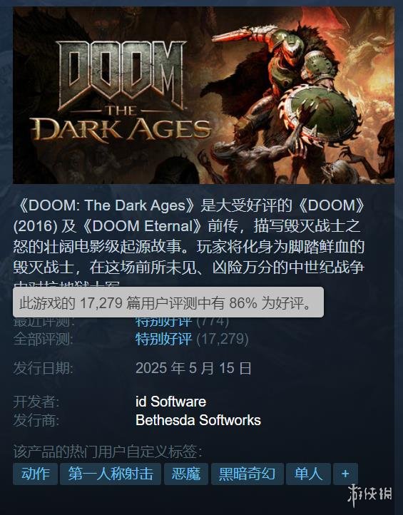 《毁灭战士：黑暗时代》首次开启折扣促销！标准版本仅售261元！