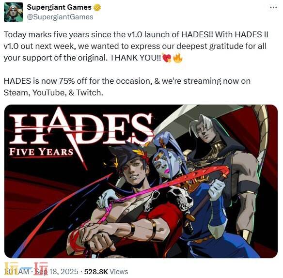 为了庆祝《哈迪斯》推出五周年，官方特别开展了限时促销活动，创下新的最低价格纪录。 

