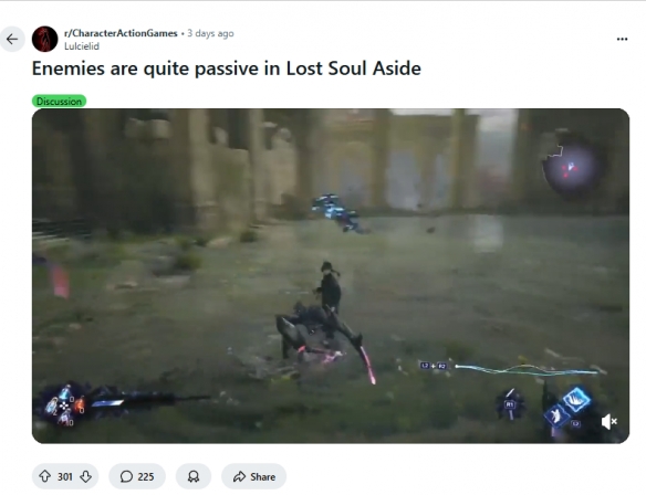 《失落之魂》中的敌人被动行为视频最初出自教程早期阶段，实际的战斗表现则完全正常

