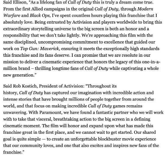 《使命召唤》真人电影正式官宣，动视携手派拉蒙共同发力