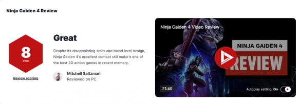 《忍者龙剑传4》在IGN评分中拿下了8分，被誉为继《鬼泣5》之后最出色的三维动作佳作！