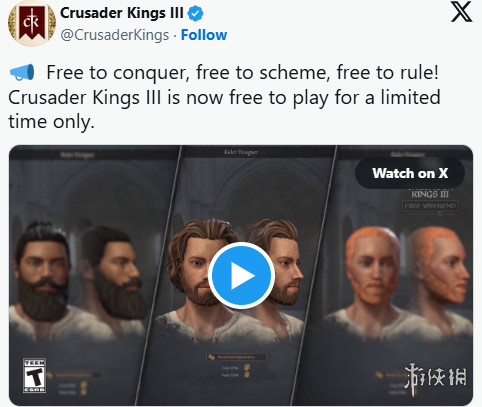 《十字军之王3》现已开启Steam平台的免费试玩，且支持存档传承，方便玩家在体验之后继续游戏旅程。