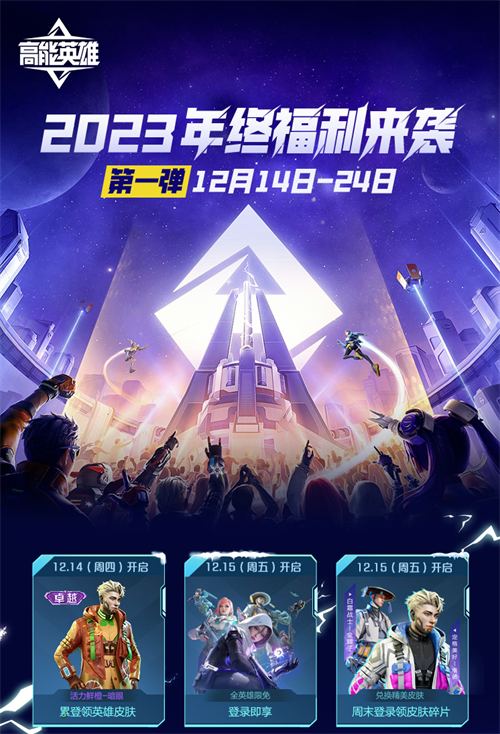 所有英雄免费体验，累计登录即可获得卓越皮肤！《高能英雄》2023年终特别福利火热来袭~

