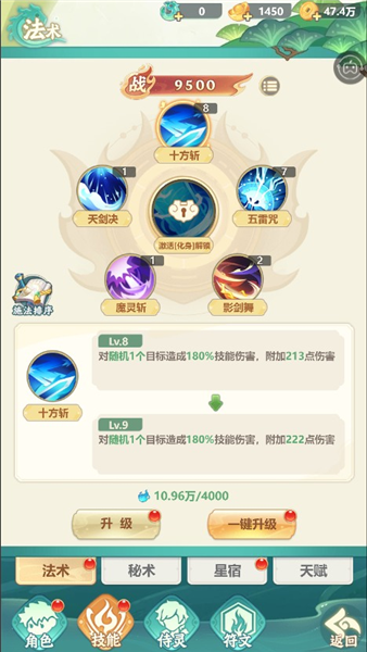 《仗剑论三界》中的角色技能系统包括法术、秘术、星宿和天赋四个主要部分