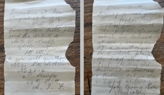 一封迟到了109年的家书？在澳大利亚海滩意外发现一只漂流瓶，内藏一战士兵的信件