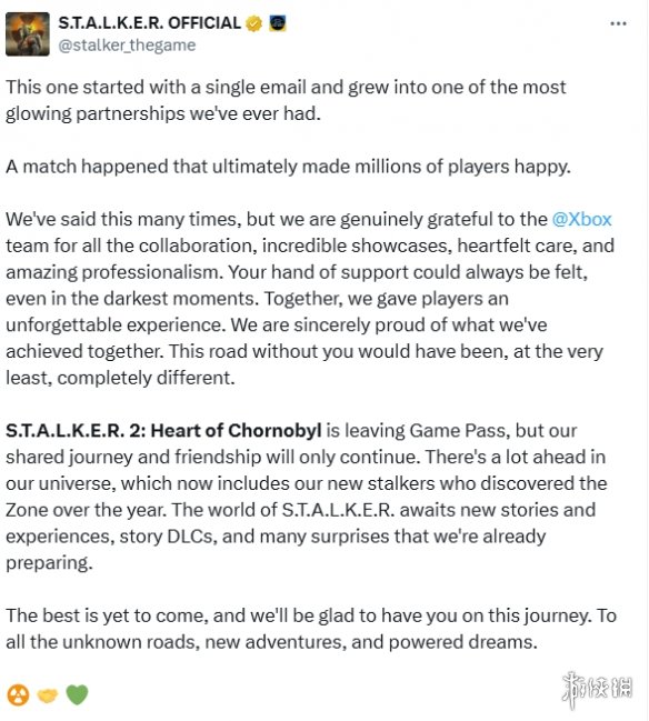 官方宣布《潜行者2》即将退出XGP平台，新的故事线亦在紧锣密鼓地准备中。

