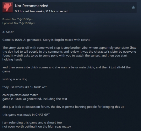 有人质疑这款游戏质量差是否意味着它由人工智能自动生成？《施莱恩传说》的开发者愤怒反击引发关注 

